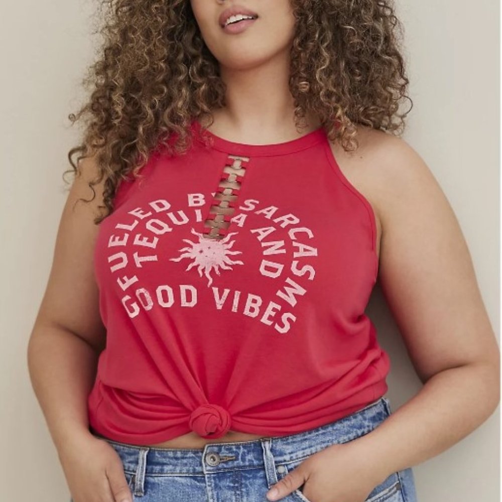 Red top, "Fueled by Sarcasm and Good Vibes"